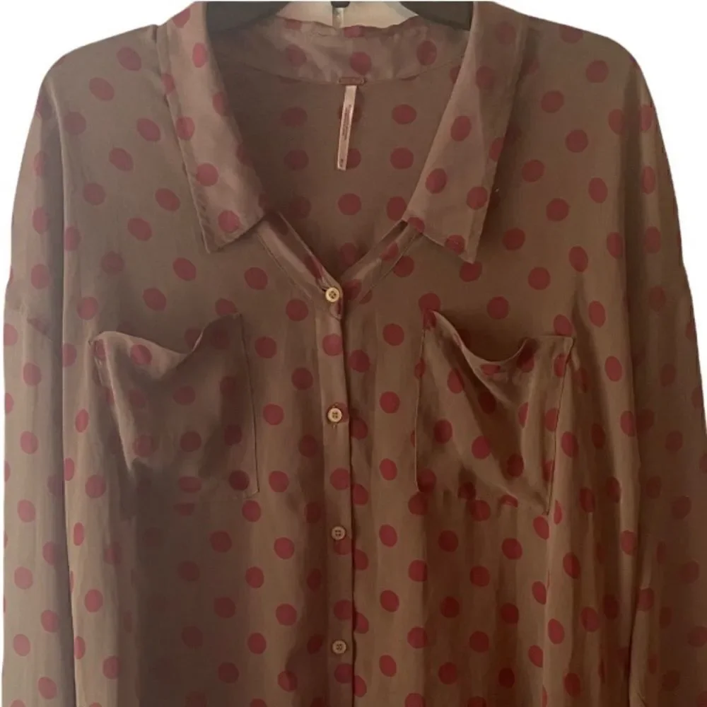Free People Easy Rider Green and Pink Polka Dot Button Front Sheer Blouse Size M